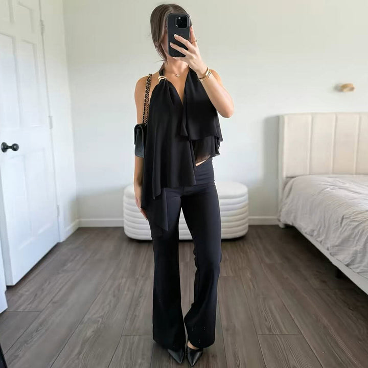 Damen Fließendes Chiffon-Oberteil mit elegantem V-Ausschnitt und Raffungen Drune