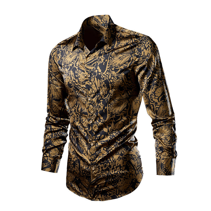 Herren nan tailliertes Langarmhemd mit auffälligem Leoprint, leichter Satinoptik und elastischem Slim Fit Drune