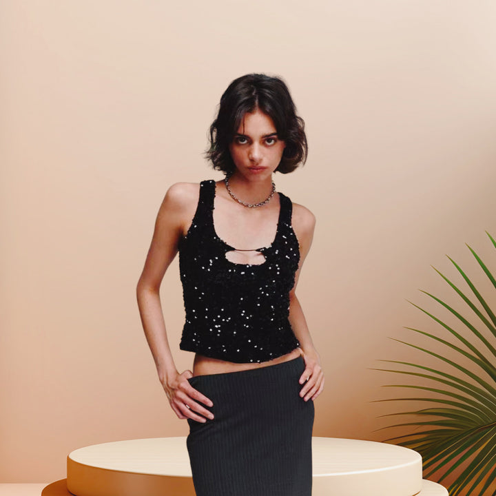 Damen Glitzerndes Crop-Top mit modischem Schlüssel-Ausschnitt und figurbetontem Schnitt Drune