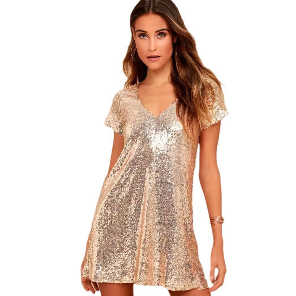 Damen Kurzarm-Pailletten-Kleid mit V-Ausschnitt Drune