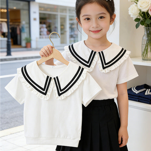 Mädchen T-Shirt mit elegantem Rüschenkragen und maritimem Streifen Drune