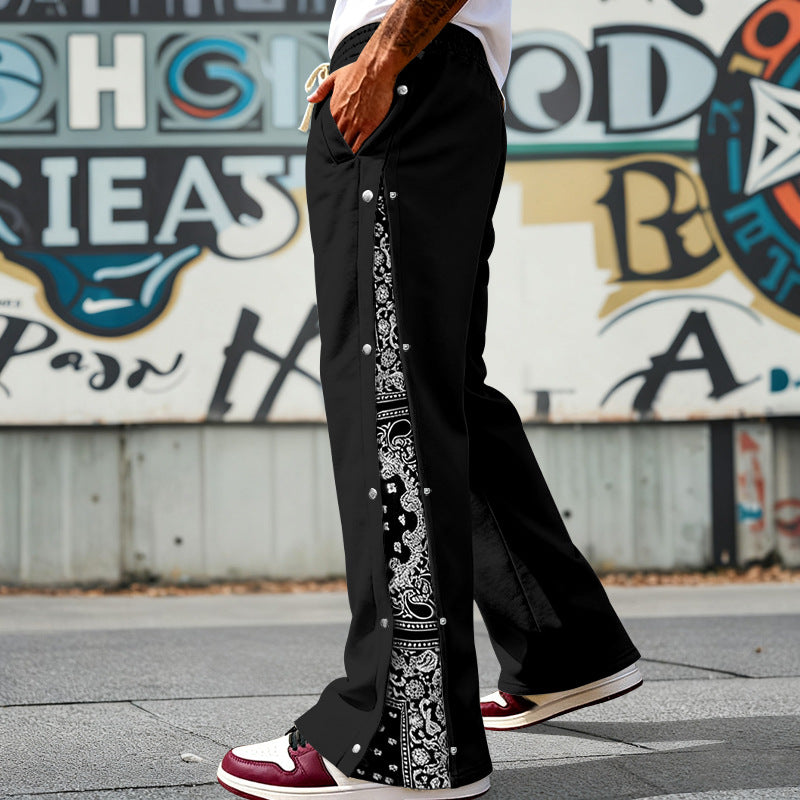 Herren nan weit geschnittene Snap-Front Jogginghose mit Paisley-Seiteneinsatz und elastischem Komfortbund Drune
