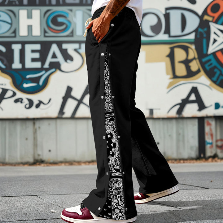 Herren nan weit geschnittene Snap-Front Jogginghose mit Paisley-Seiteneinsatz und elastischem Komfortbund Drune