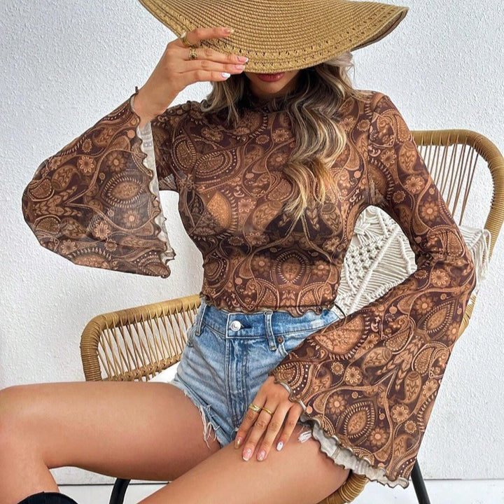 Damen modisches Langarm-Top mit weit geschnittenen Ärmeln und edlem Paisley-Muster Drune