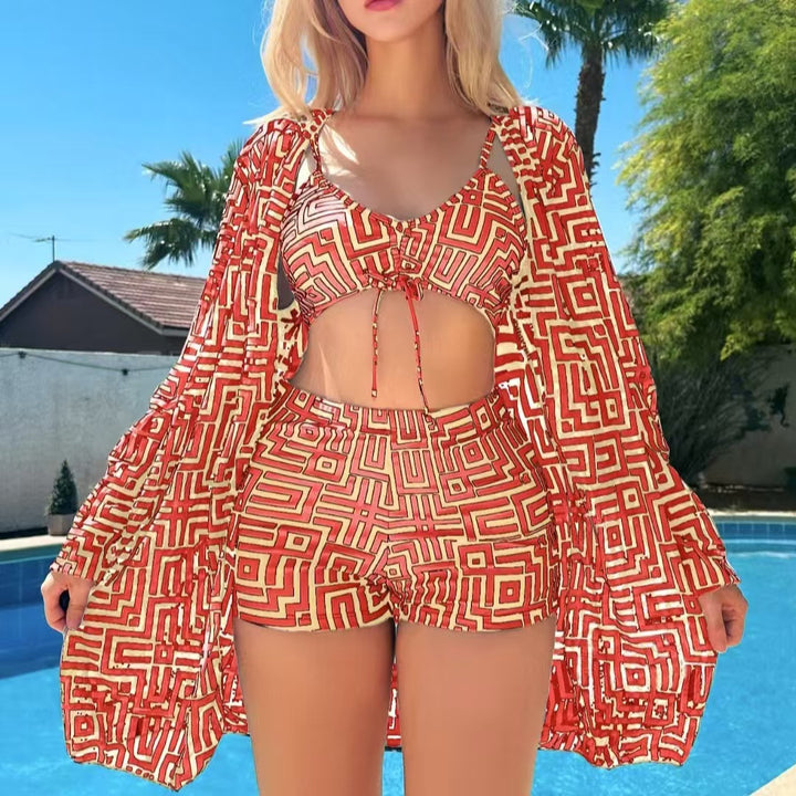Damen modisches Bikini-Set mit geometrischen Mustern und transparenter Strandjacke Drune