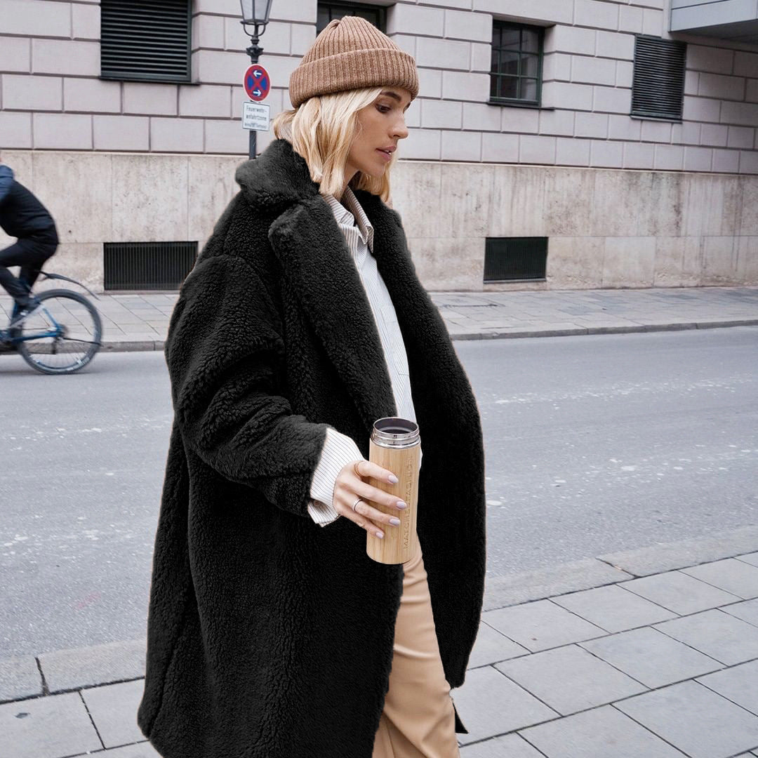 Damen Oversized Teddy-Mantel mit weitem Schnitt und großem Kragen Drune