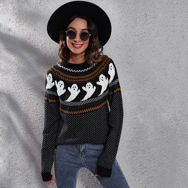 Damen Strickpullover mit gruseligem Geister-Motiv Drune