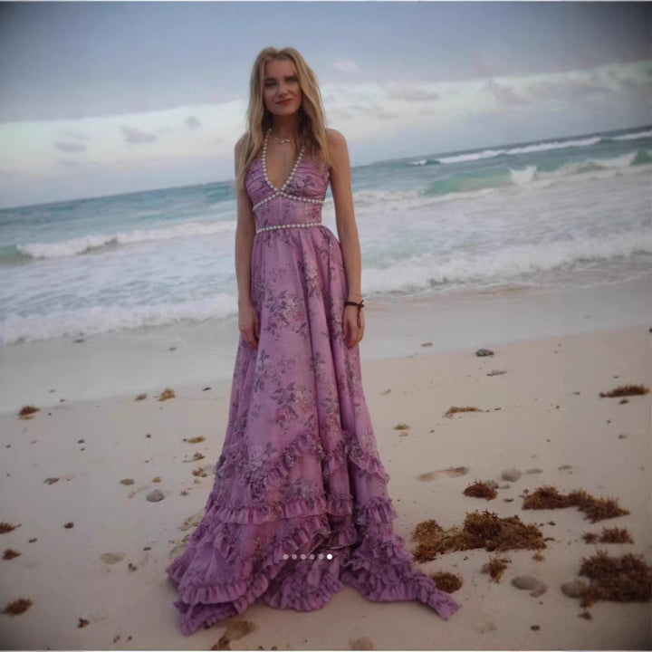 Damen Maxikleid mit tiefem V-Ausschnitt und floralen Rüschen Drune