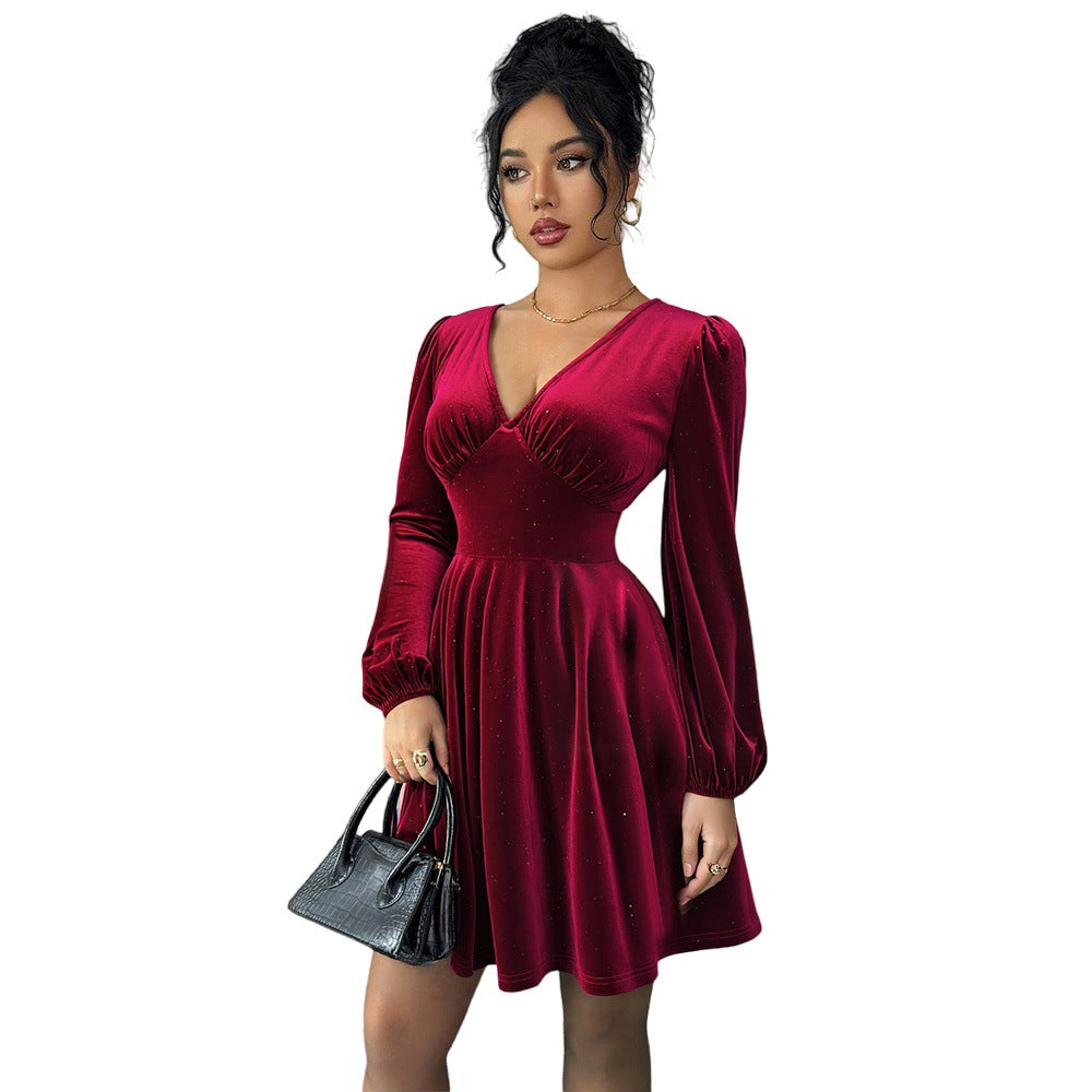 Damen Kurzarm Kleid mit eleganten Puffärmeln und V-Ausschnitt Drune