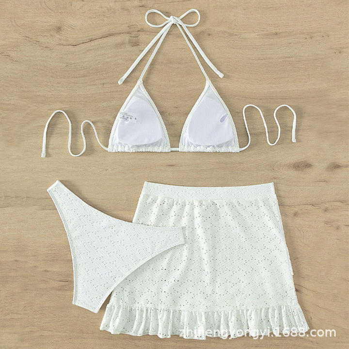 Damen Triangel-Bikini mit verspieltem Lochmuster und passendem Rock Drune