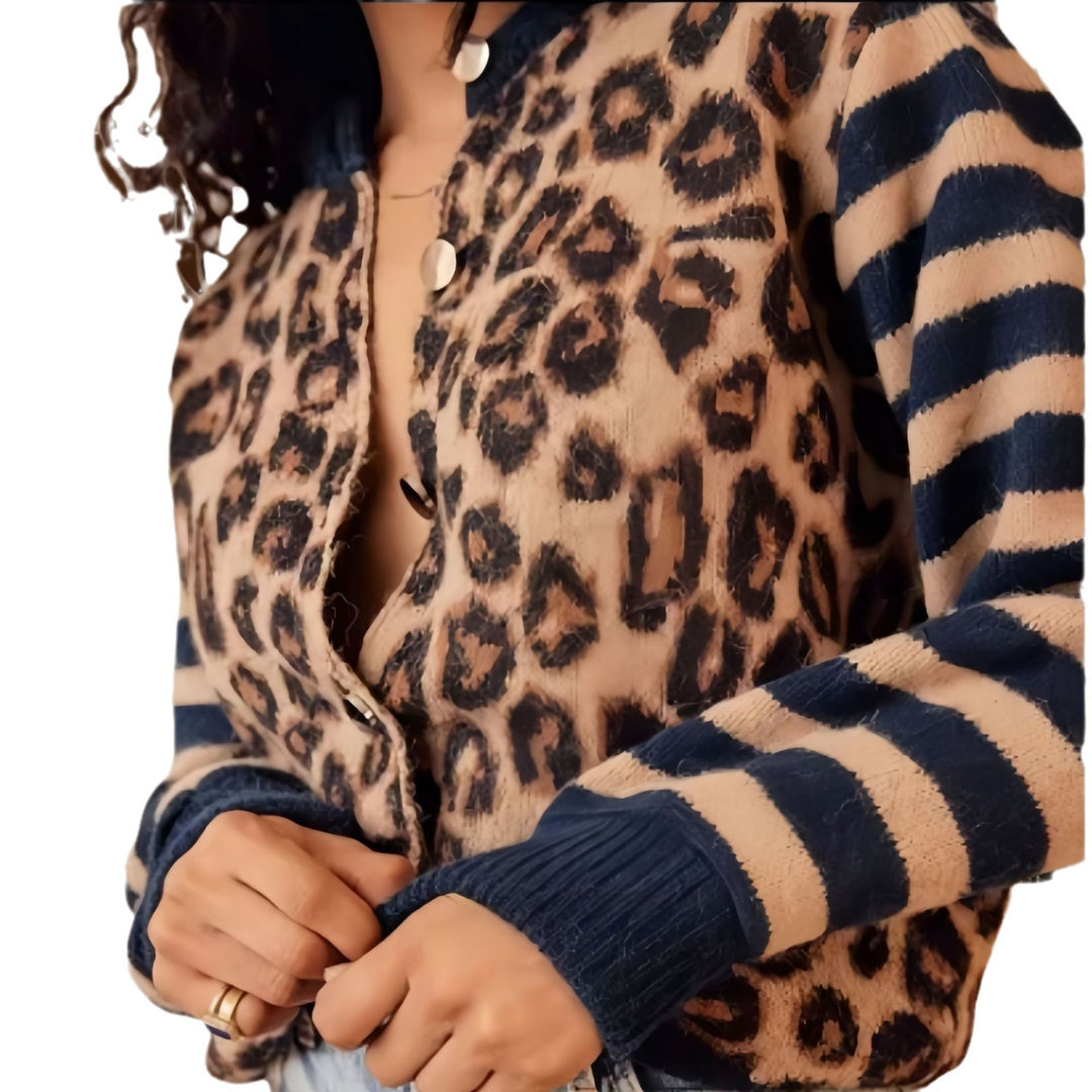 Damen Modische Jacke mit Tiermuster und gestreiften Ärmeln Drune
