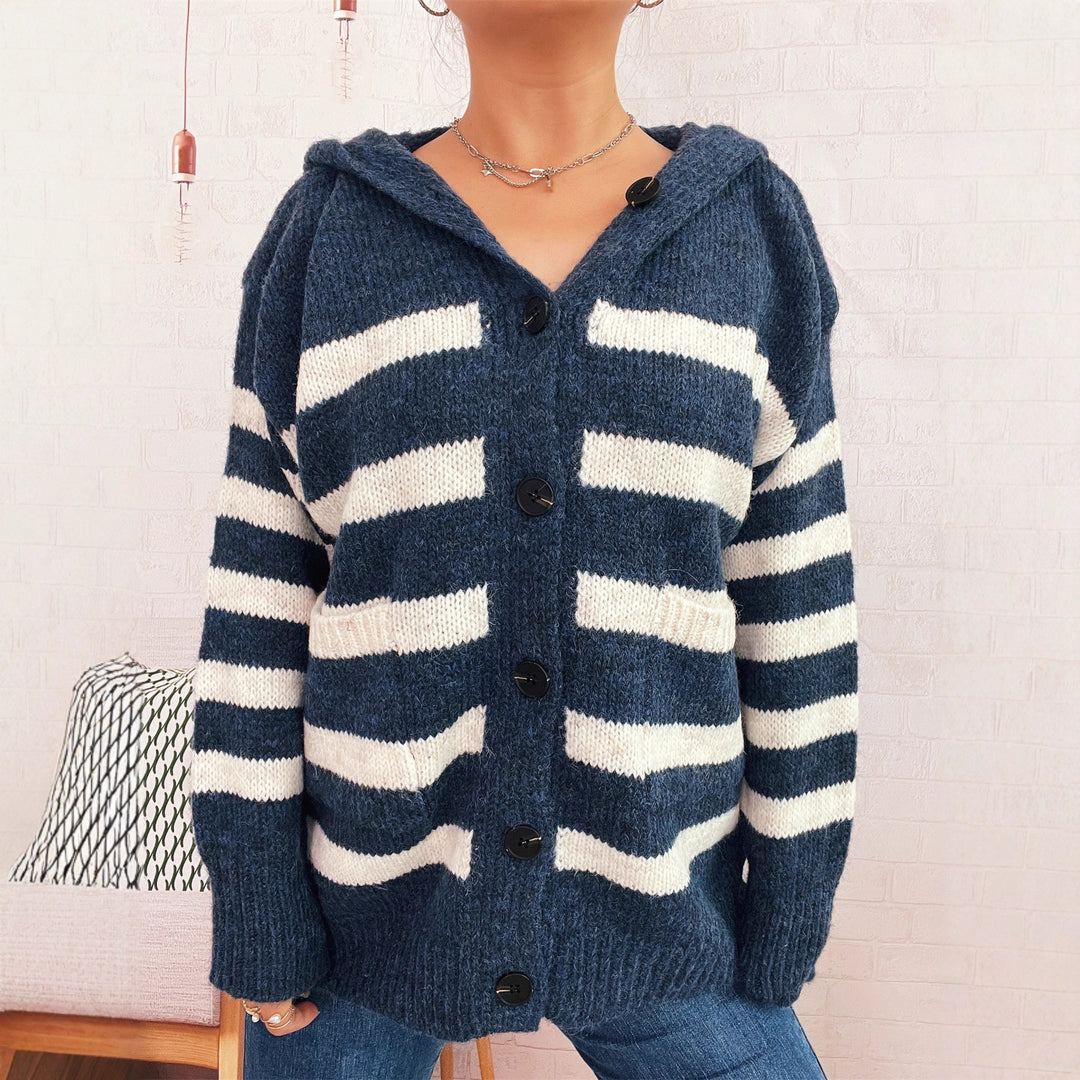Damen lässiger Strickcardigan mit Kapuze und breiten Streifen Drune