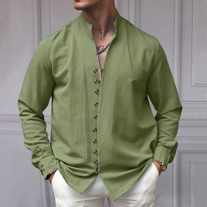 Herren nan elegantes Langarm-Leinenhemd mit Stehkragen asymmetrischer Knopfleiste und schmaler Passform Drune