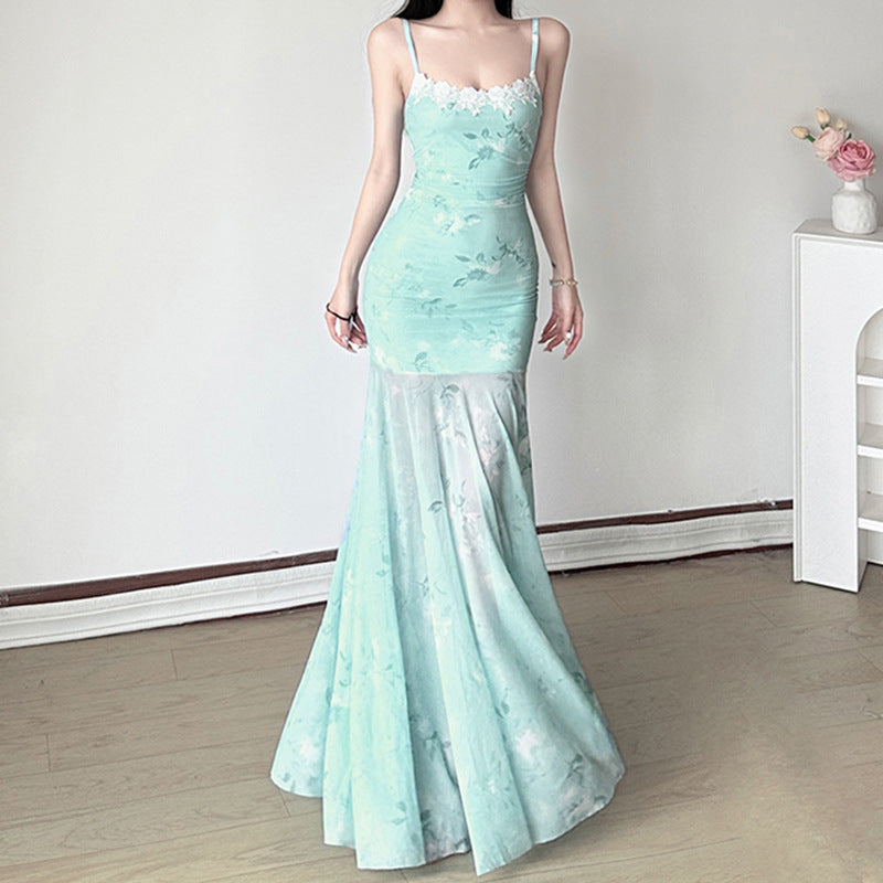 Damen Maxikleid mit floralem Druck und eleganter Spitzenborte Drune