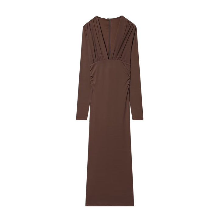 Damen Maxikleid mit tiefem V-Ausschnitt und drapierten Details Drune