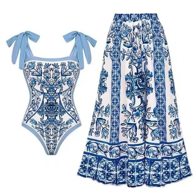 Damen Badeanzug mit floralem Druck und passendem Wickelrock Drune