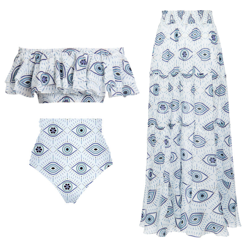 Damen Bikiniset mit voluminösem Rock und Rüschenoberteil Drune