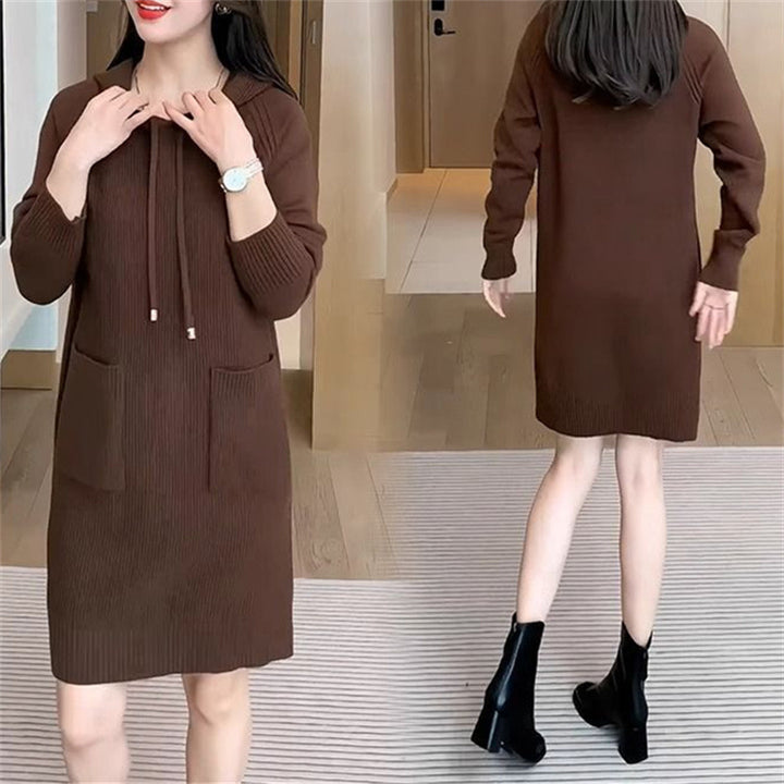 Damen Strickkleid mit Kapuze und praktischen Taschen Drune
