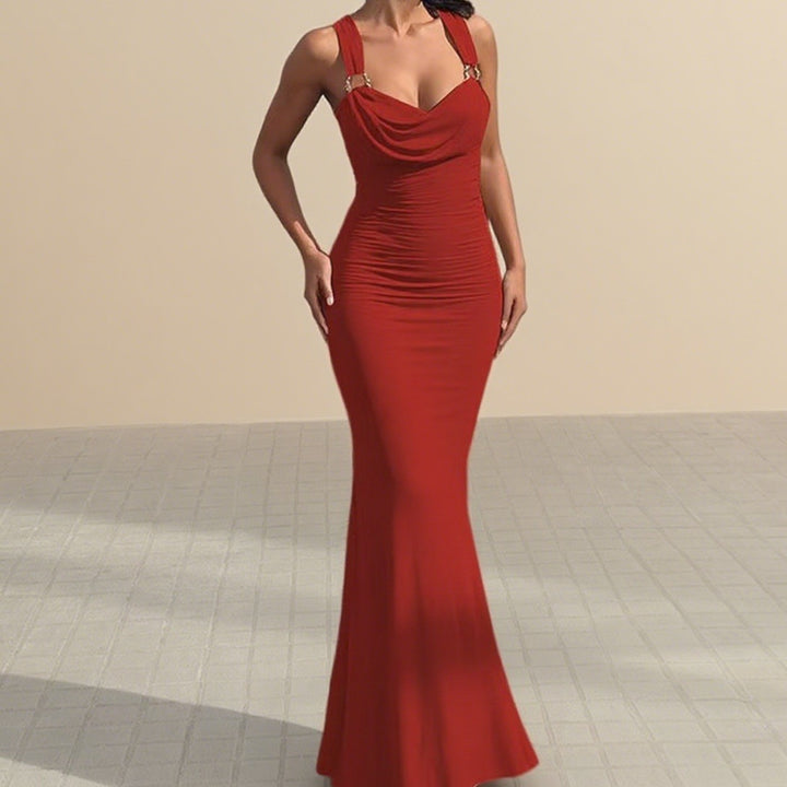 Damen Elegantes figurbetontes Abendkleid mit drapiertem Oberteil und goldenen Trägern Drune