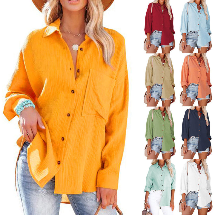 Damen lässige Bluse im Oversized Schnitt mit Knopfleiste und praktischen Taschen Drune