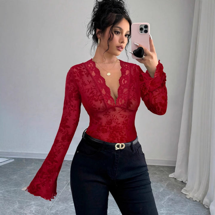 Damen Spitzen-Bodysuit mit tiefem V-Ausschnitt und romantischen Rüschendetails Drune