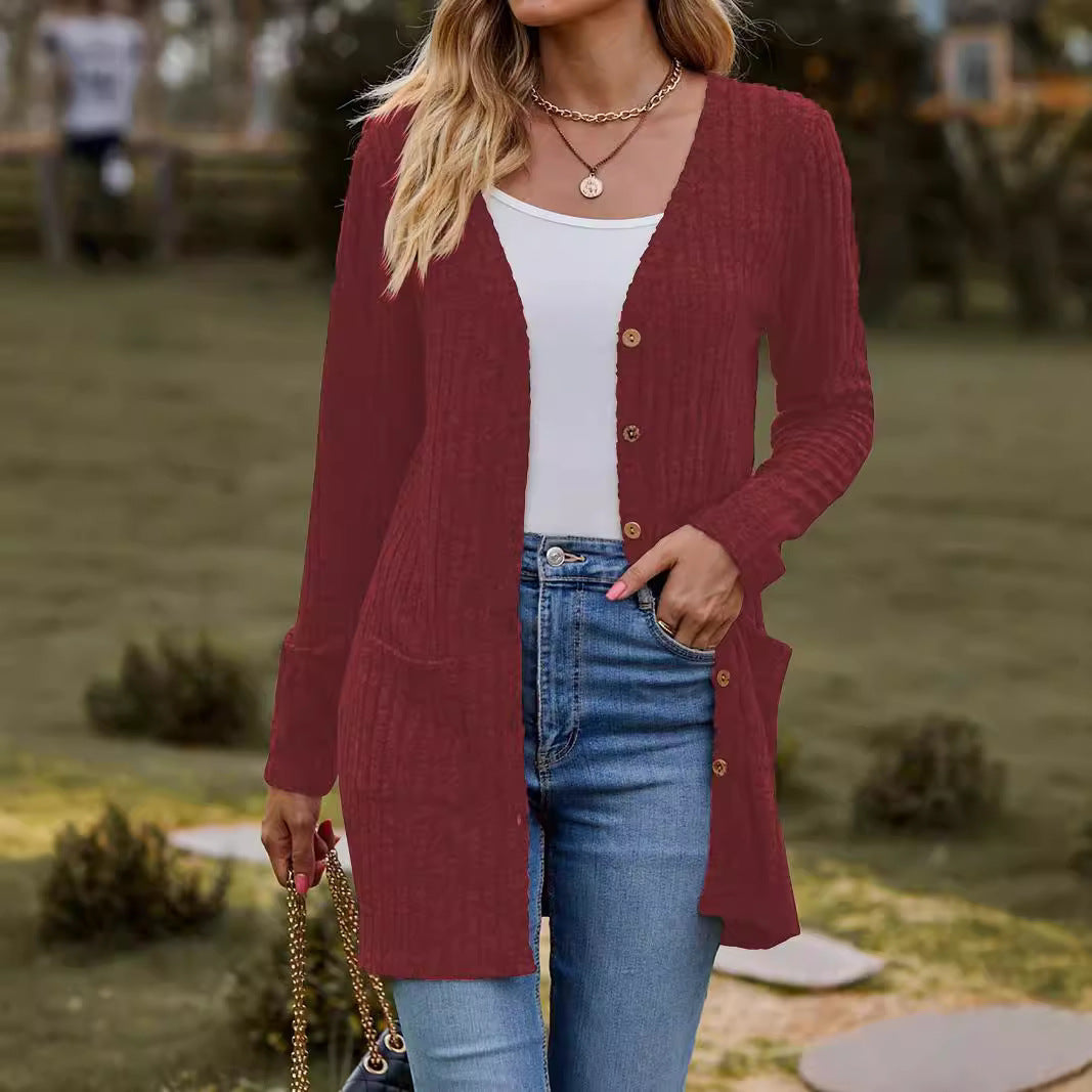 Damen nan langer gerippter Strickcardigan mit Eingrifftaschen und Holzknöpfen Drune