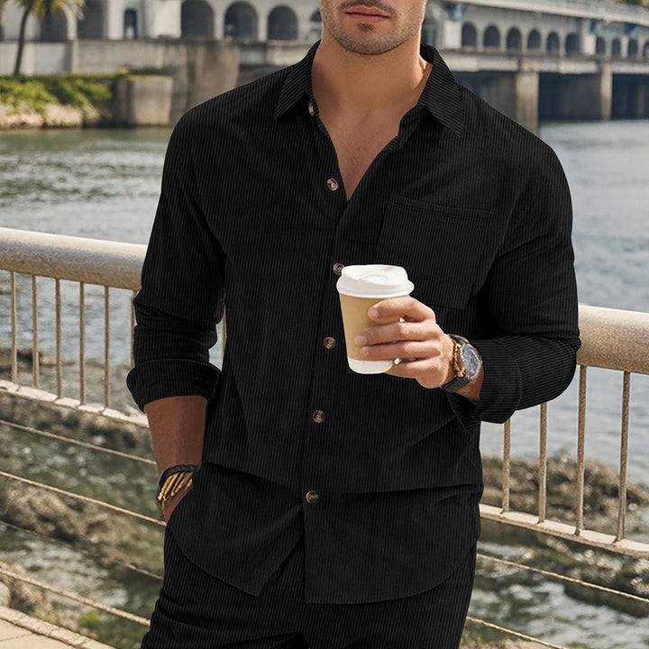 Herren gestreiftes Langarmshirt mit modischem Stehkragen und praktischer Brusttasche Drune