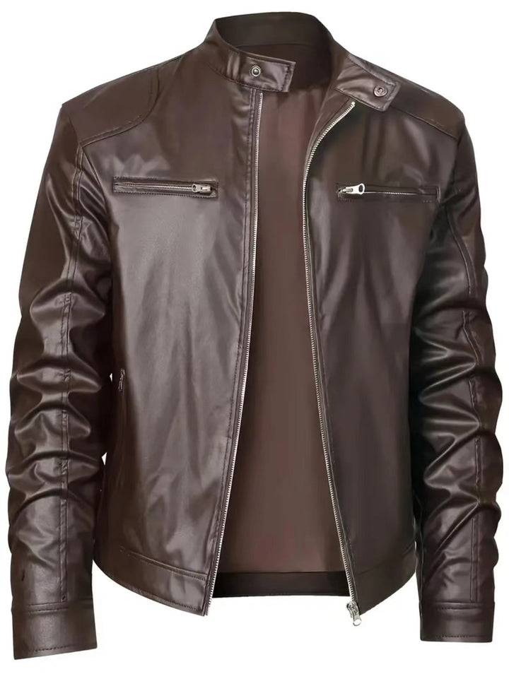 Herren nan schlanke Kunstleder-Bikerjacke mit Stehkragen, durchgehendem Reißverschluss und zwei Brusttaschen Drune