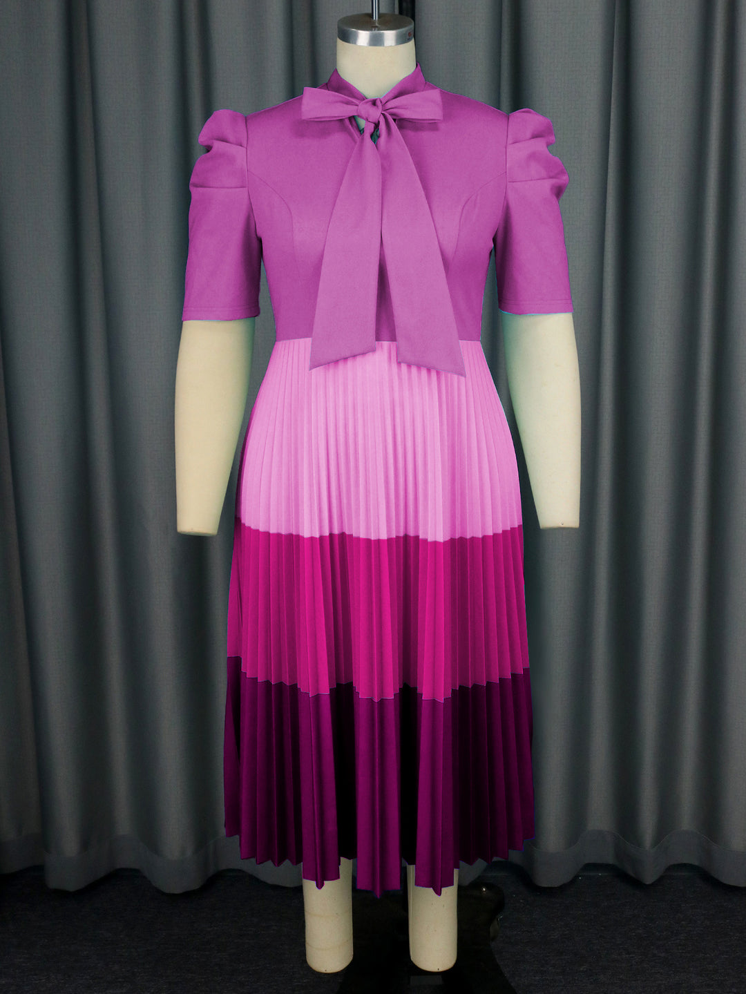 Damen Elegantes Plisseekleid mit Schleifenkragen Drune