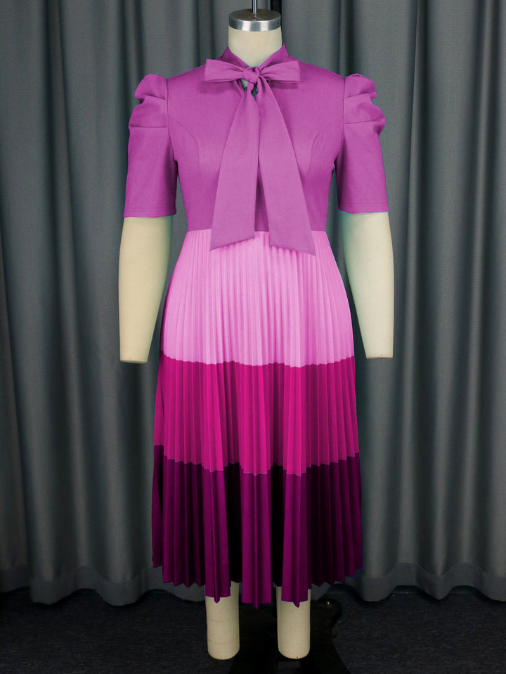 Damen Elegantes Plisseekleid mit Schleifenkragen Drune