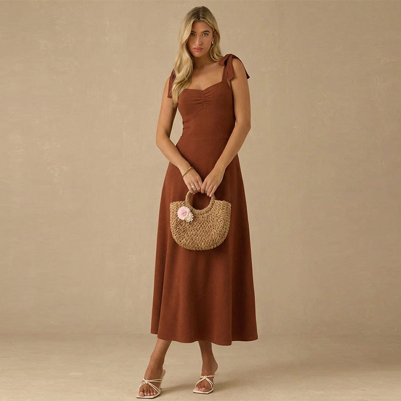 Damen Maxikleid mit niedlichen Schleifen-Trägern und gerafftem Oberteil Drune