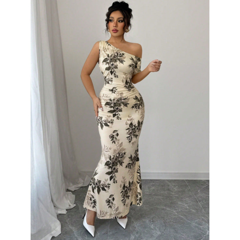 Damen Maxikleid mit asymmetrischem Ausschnitt und floralen Mustern Drune