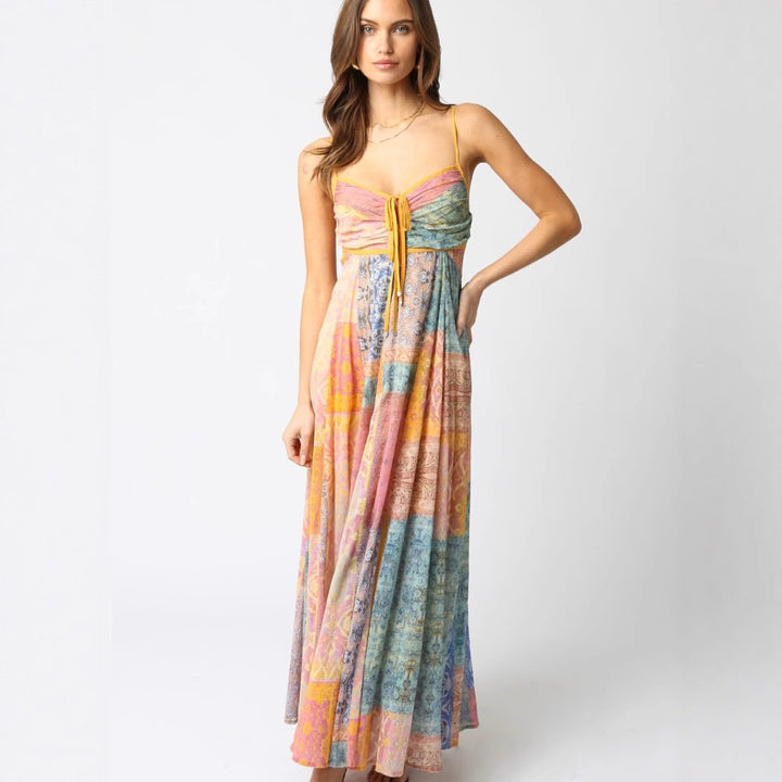 Damen nan bodenlanges Maxikleid mit gerafftem Bustier, Tunnelzug und Patchwork-Print Drune