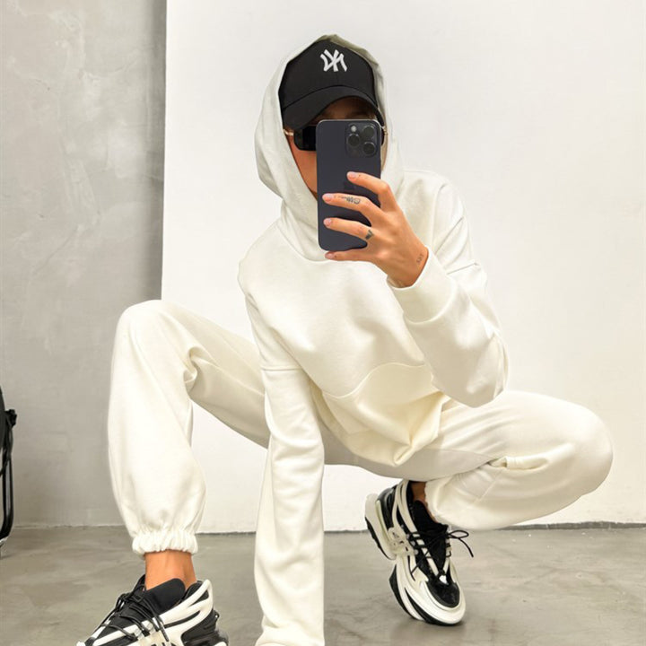 Damen nan Cropped Kapuzenpullover und taillierte Bündchen-Jogginghose Set aus schwerem French Terry Drune