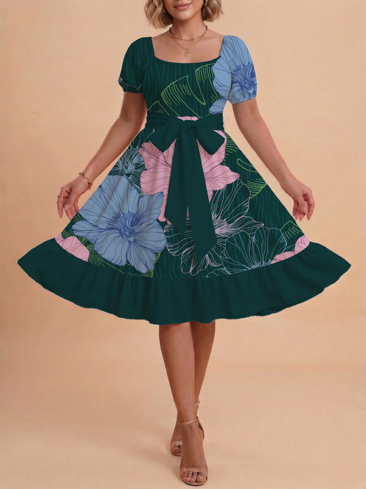 Damen Blumenkleid mit taillierbarem Gürtel und voluminösen Ärmeln Drune