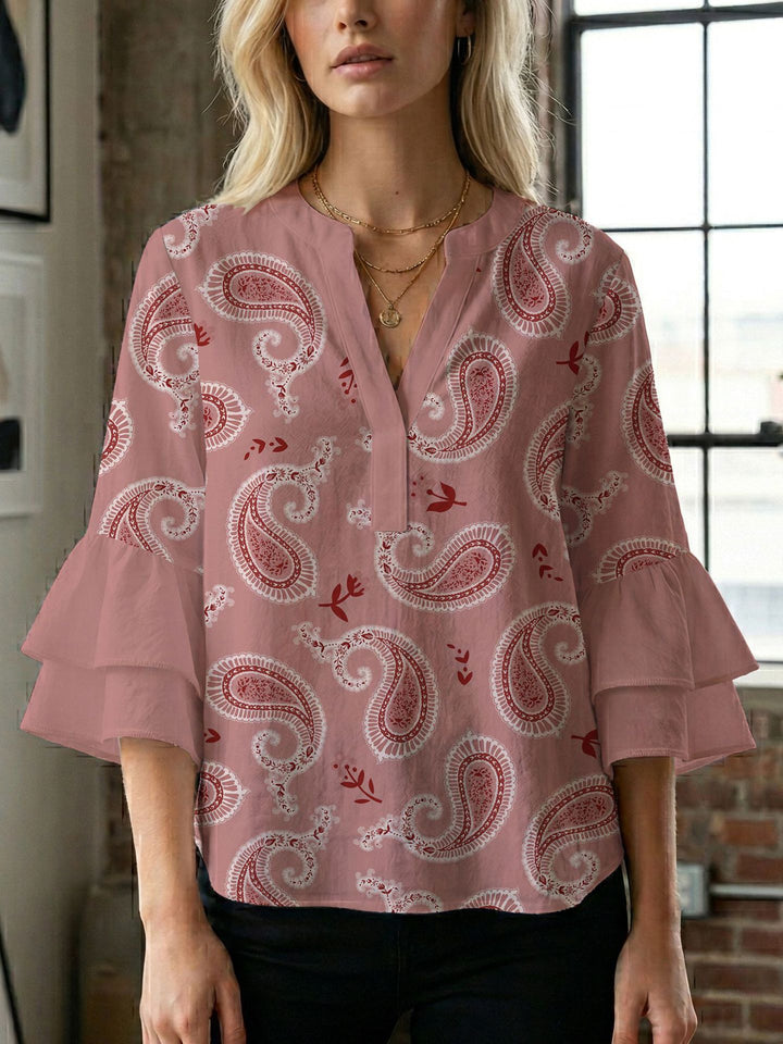 Damen Bluse mit voluminösen Flügelärmel und intensivem Blattmuster Drune