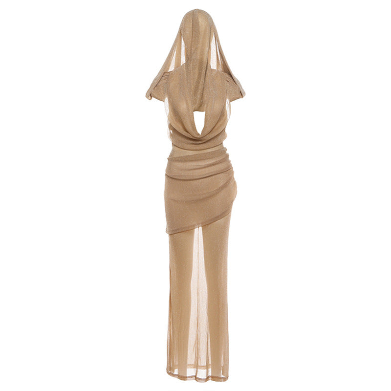 Damen Elegantes Maxikleid mit tiefem Pracht-Ausschnitt und durchscheinendem Stoff Drune