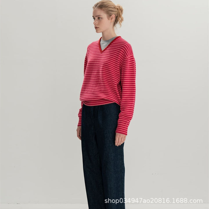 Damen Feinstrickpullover mit V-Ausschnitt und Streifenmustern Drune