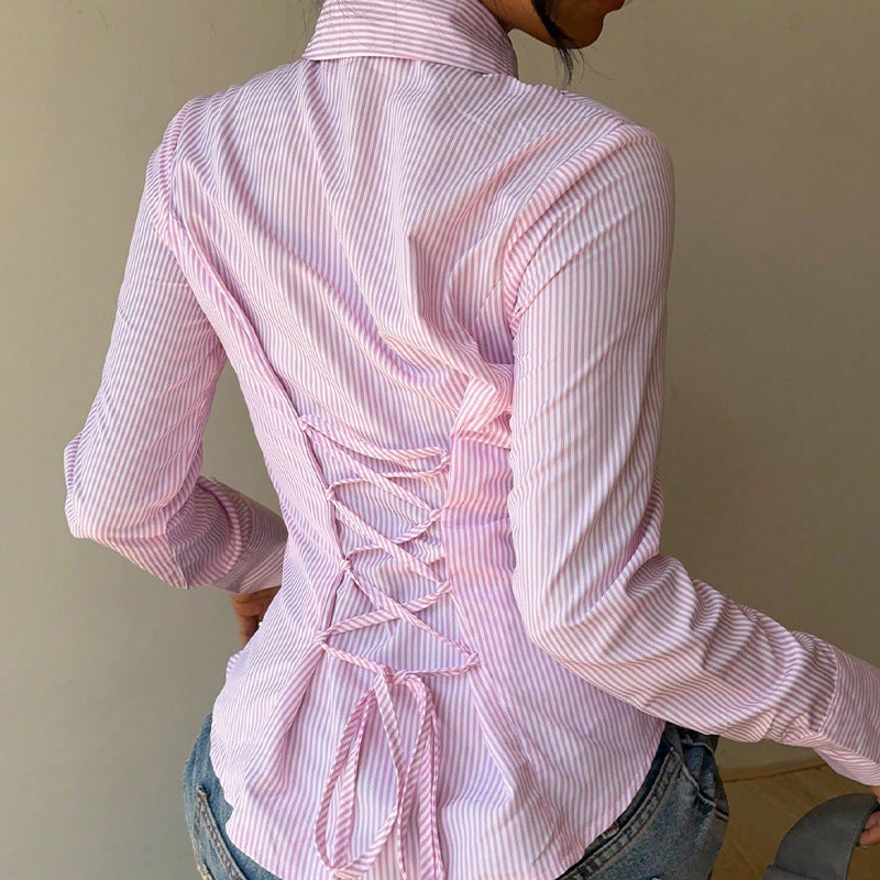 Damen gestreifte Langarmbluse mit schmalem Schnitt und elegantem Kragen Drune