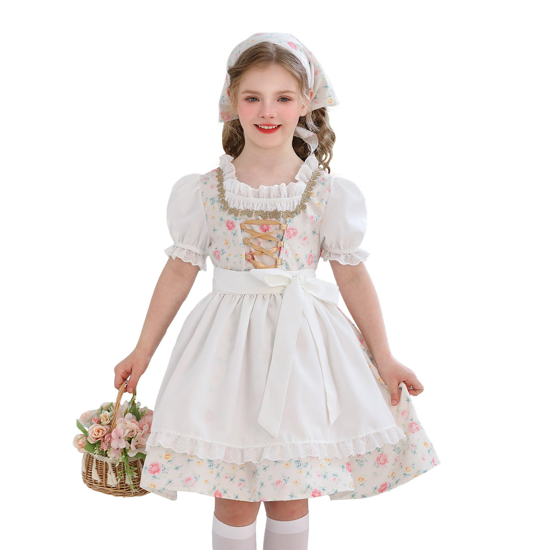 Damen nan traditionelles Dirndlkleid für Mädchen mit bestickter Schürze, Rüschenkragen und passendem Kopftuch Drune