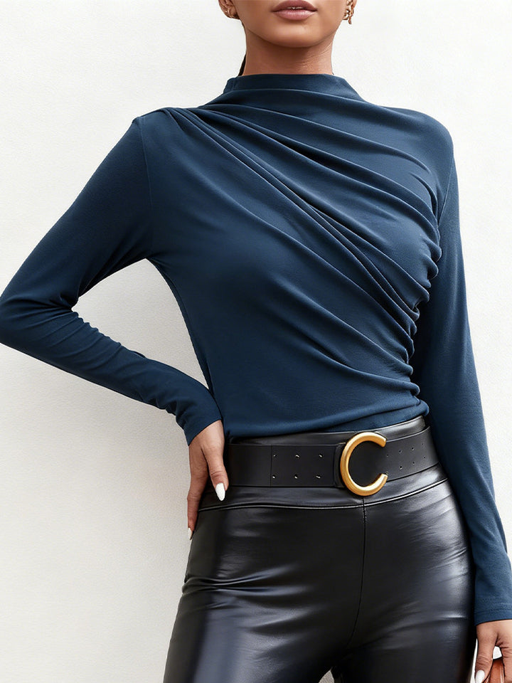 Damen elegantes Langarmshirt mit luxuriösem Drapierungsdesign und schickem Stehkragen Drune