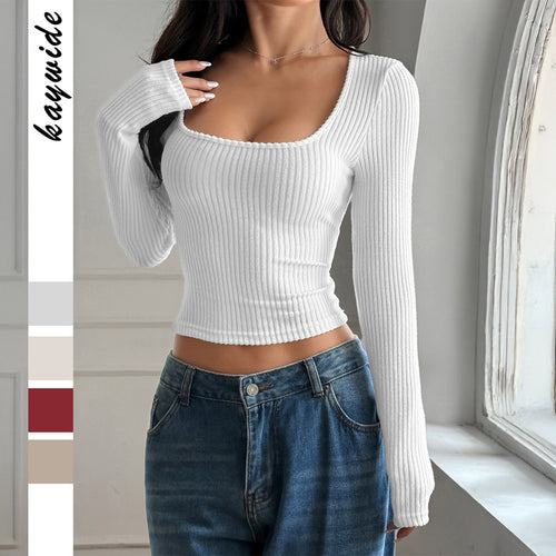 Damen nan tailliertes Rippstrick-Longsleeve mit tiefem quadratischem Ausschnitt und formendem Shaping-Effekt Drune