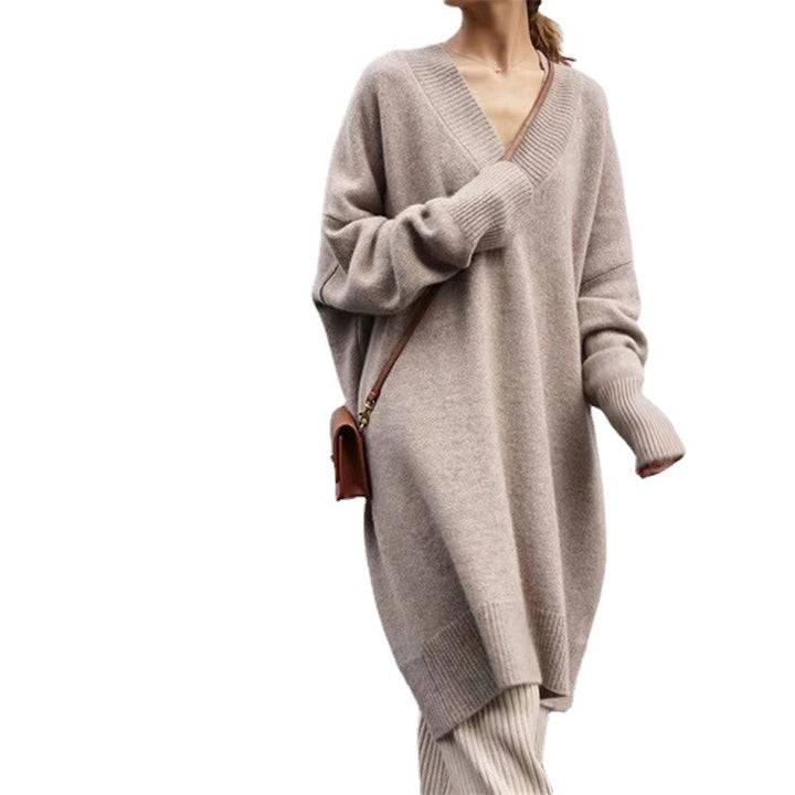 Damen gemütliches Strickkleid mit V-Ausschnitt und langen Ärmeln Drune