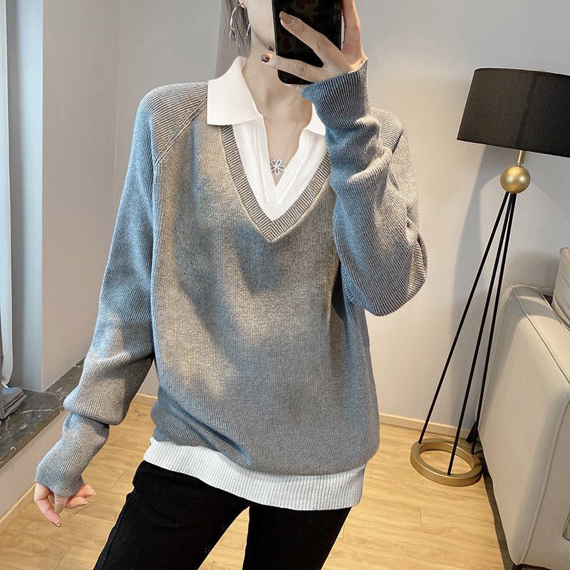 Damen V-Ausschnitt Pullover im Layering-Stil mit kragen Drune