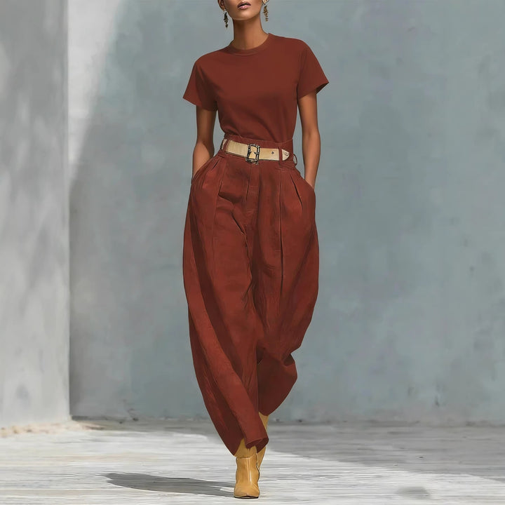 Damen Elegante Bundfaltenhose mit lockerer Passform und verstellbarem Gürtel Drune