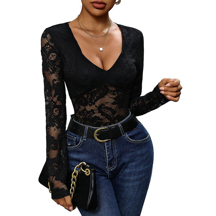 Damen Body mit Spitzenmuster und V-Ausschnitt Drune