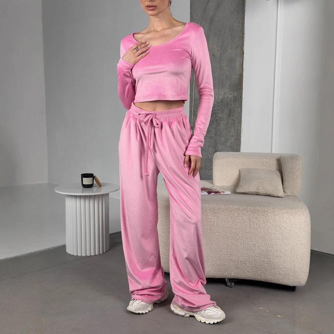 Damen bequeme und stilvolle Velours-Hose mit cropped Oberteil Drune