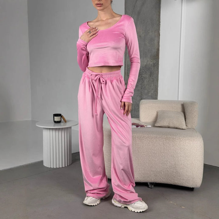 Damen bequeme und stilvolle Velours-Hose mit cropped Oberteil Drune
