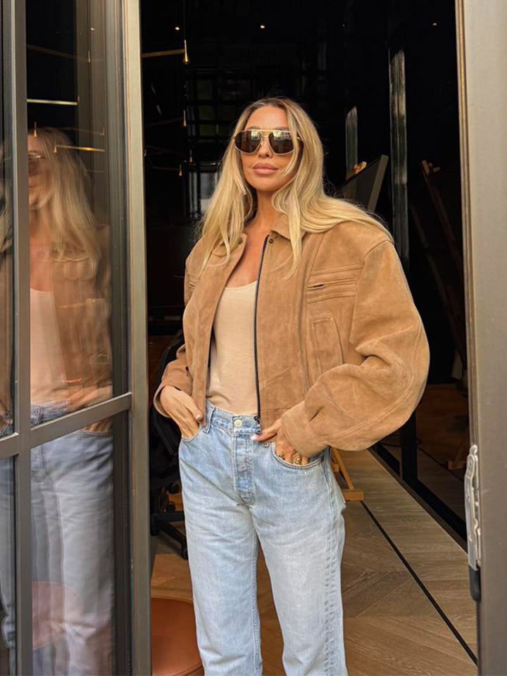 Damen Modische Wildlederjacke im cropped Stil mit praktischen Taschen Drune