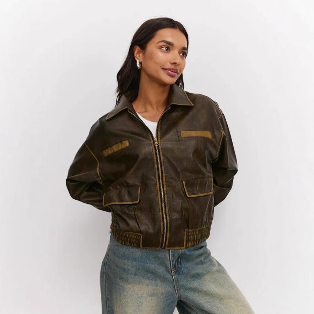 Damen modische Lederjacke mit praktischen Taschen und elastischem Saum Drune